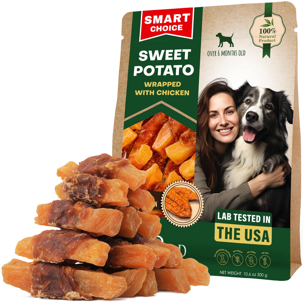 Beloved Pets Sweet Potato Chicken Chews pack shows grain-free treats with real meat.