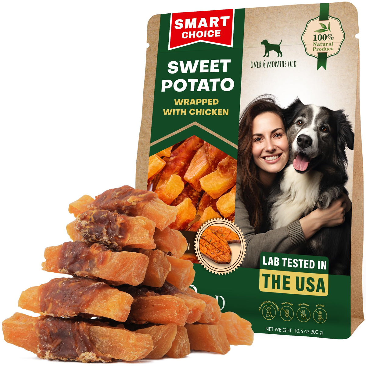 Beloved Pets Sweet Potato Chicken Chews pack shows grain-free treats with real meat.