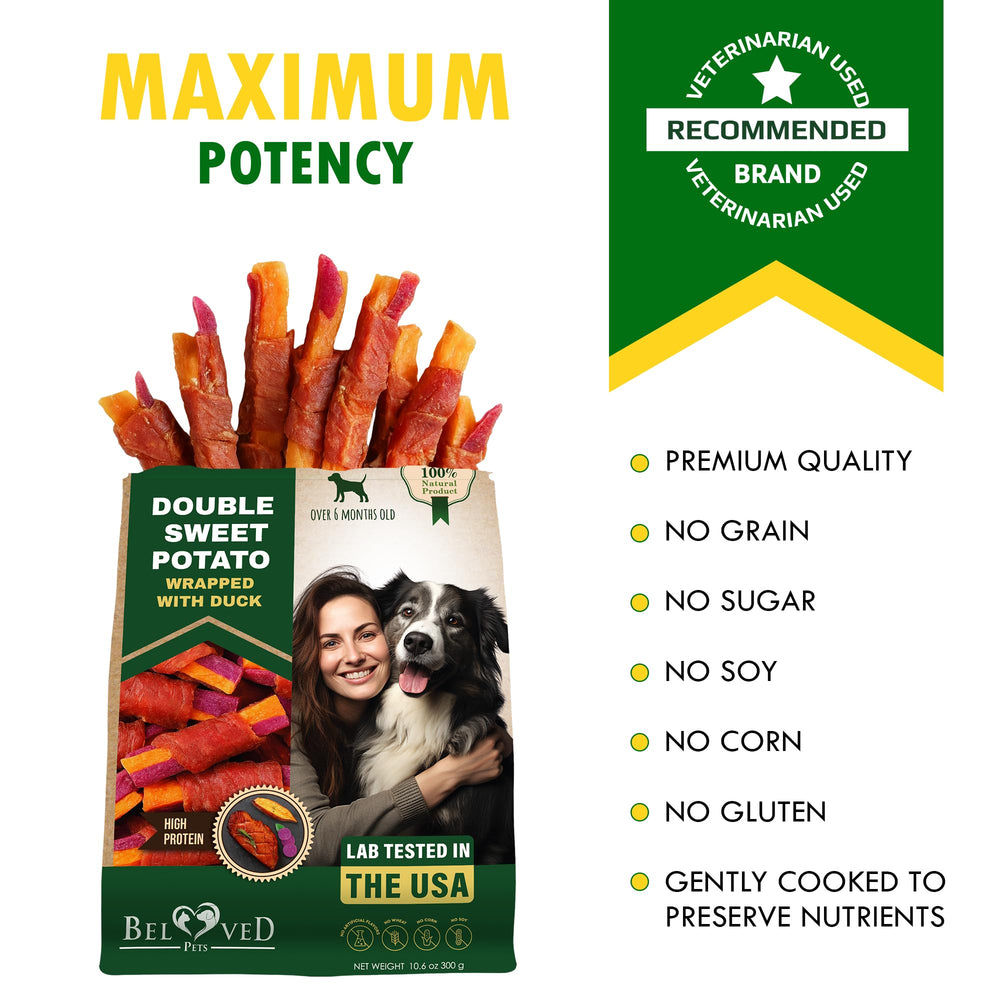 Beloved Pets Sweet Potato Duck Chews ingredient label highlights natural, protein-rich formula.