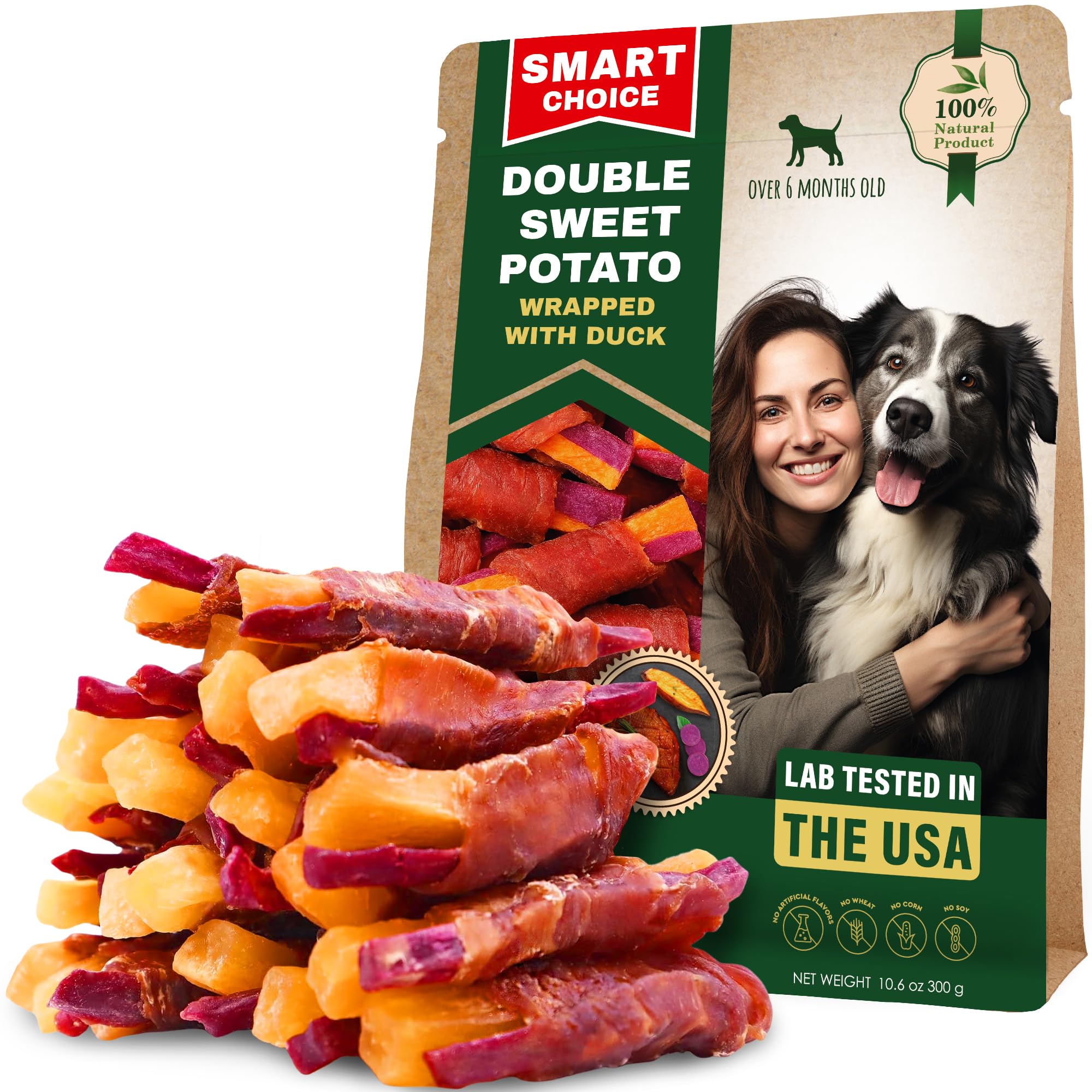 Beloved Pets Sweet Potato Duck Chews packaging shows grain-free formula and high-protein goodness.