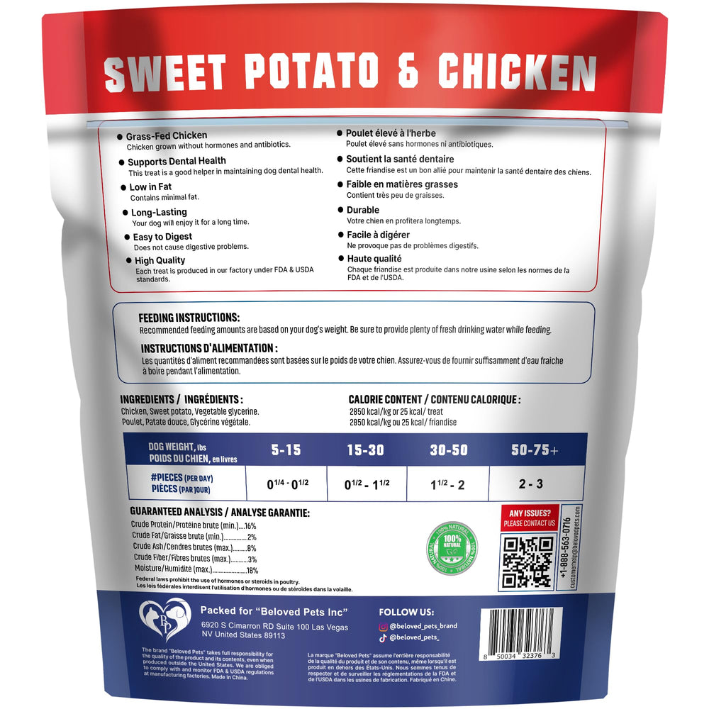 Beloved Pets Sweet Potato Jerky Wraps bag closeup, grain-free formula for easier digestion