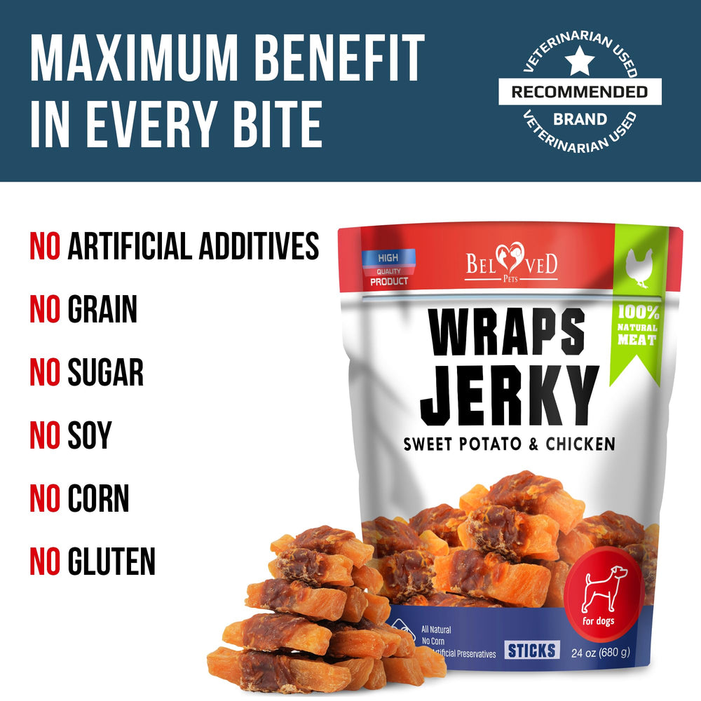 Beloved Pets Sweet Potato Jerky Wraps dog chewing closeup during playtime
