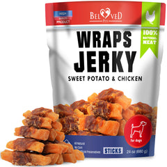 Beloved Pets Sweet Potato Jerky Wraps pack front, ideal for training rewards