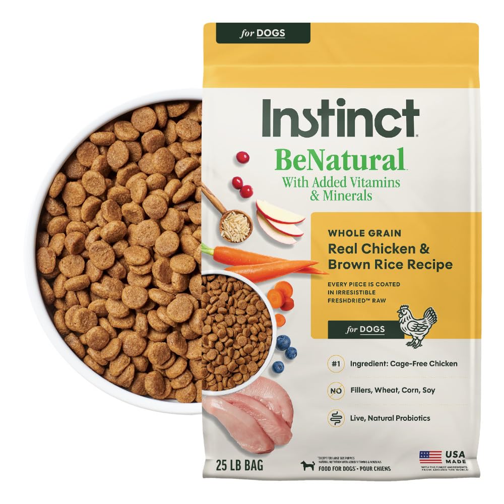 Be Natural Instinct dry dog food bag front with real cage-free chicken and brown rice.