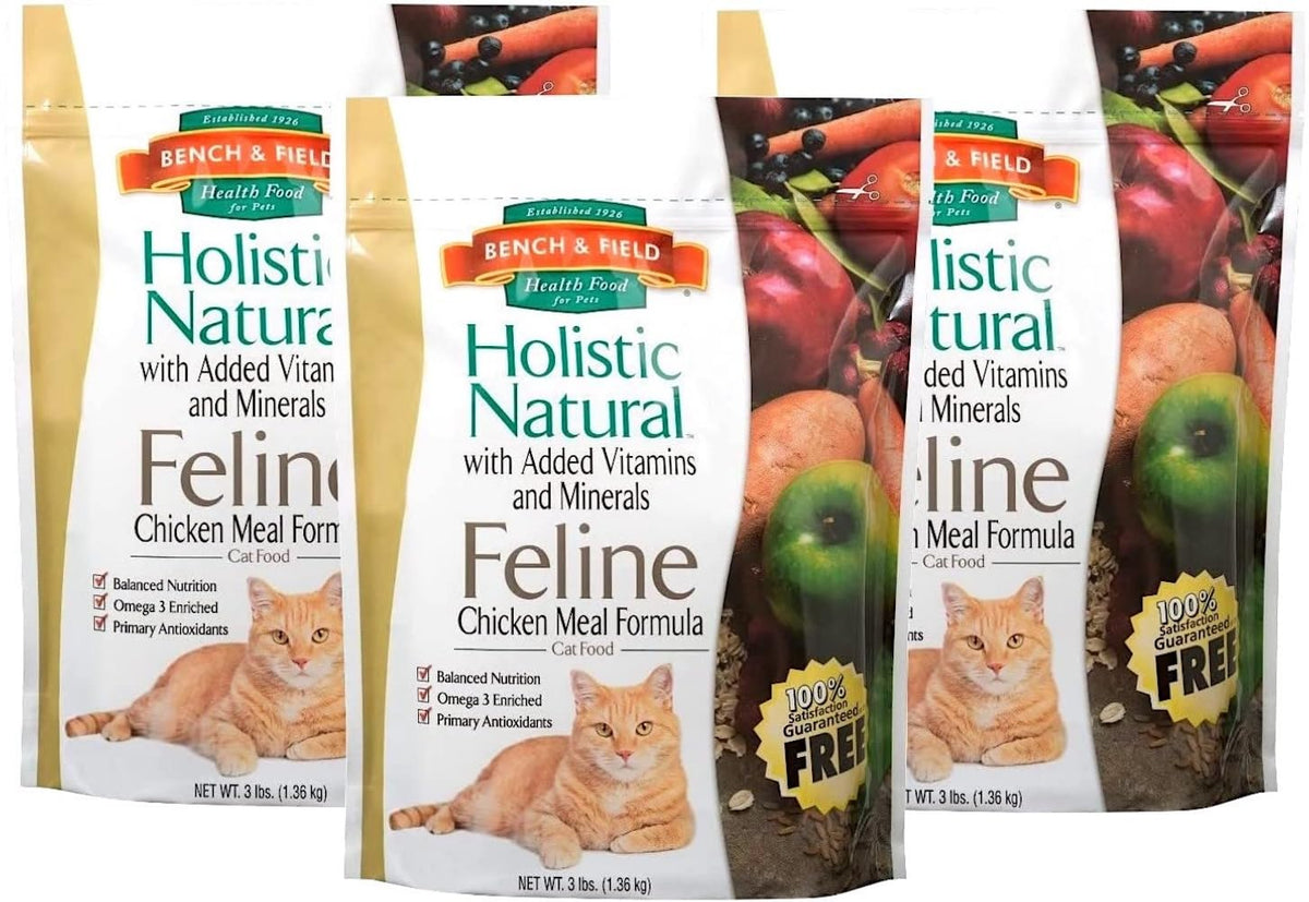 Bench & Field Holistic cat food packaging highlighting premium natural formula for adult cats