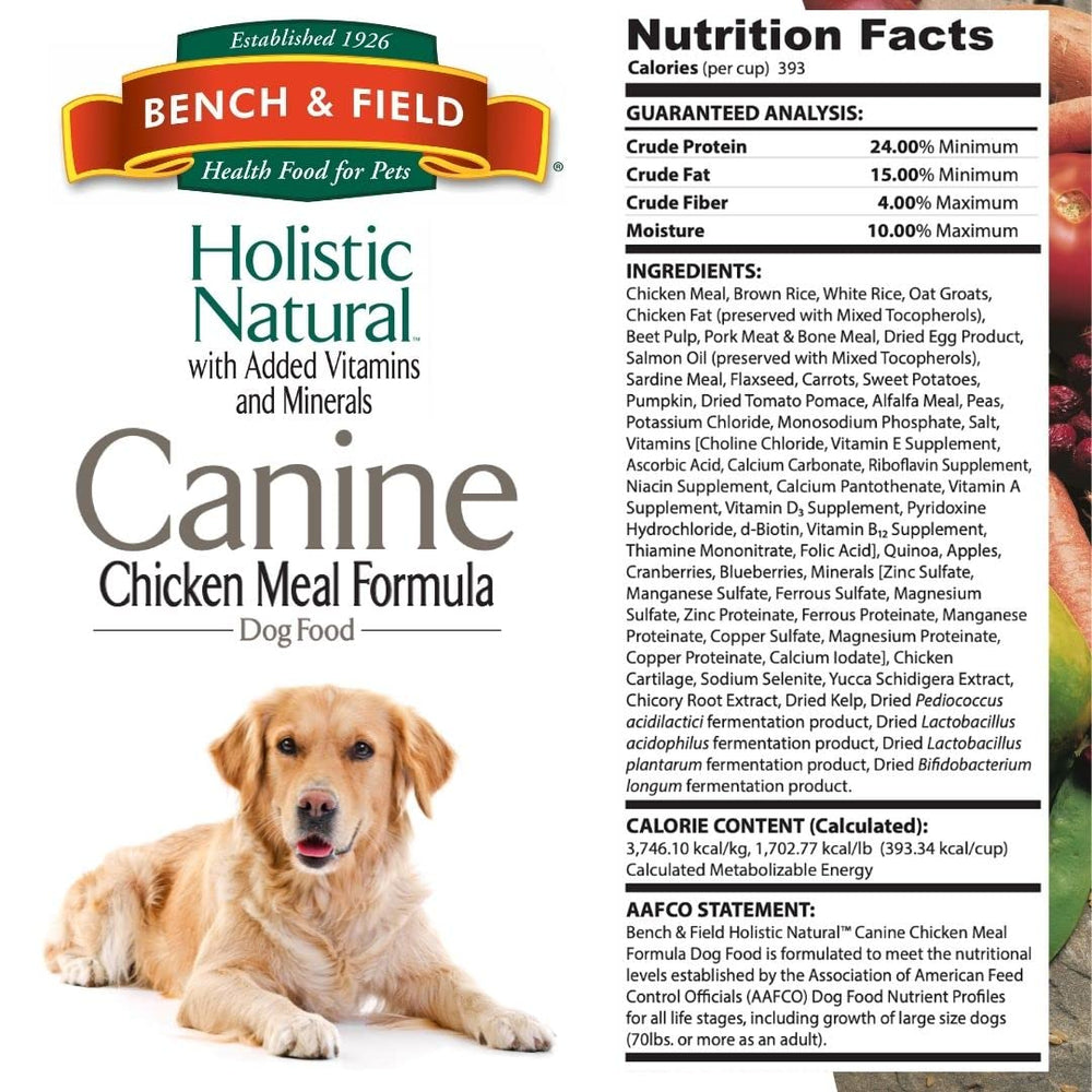 Bench and Field Holistic omega fats with flaxseed support coat and skin health.
