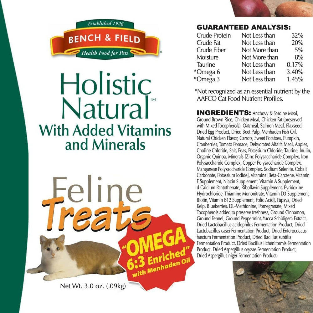 Bench and Field omega-enriched cat treats for healthy skin and coat.