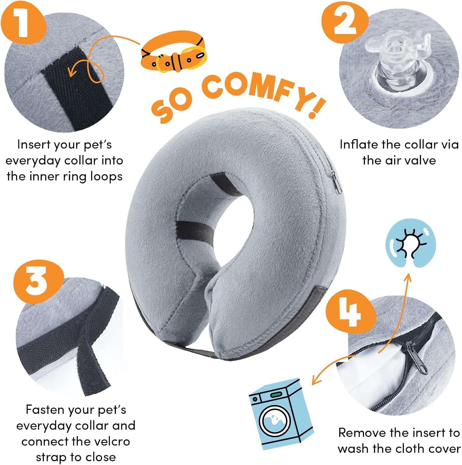 BENCMATE inflatable dog cone collar grey, full view showing donut shape and softness