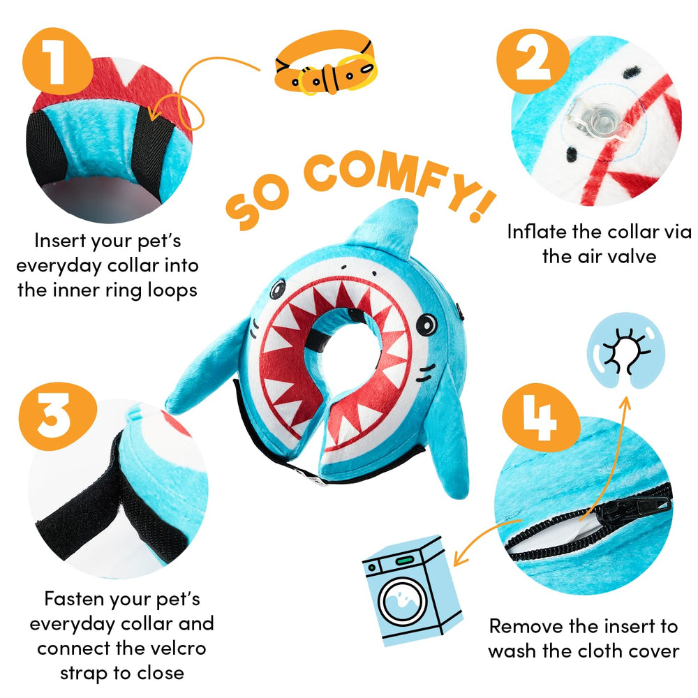 BENCMATE inflatable dog cone shark side view highlights soft material and unobstructed eating