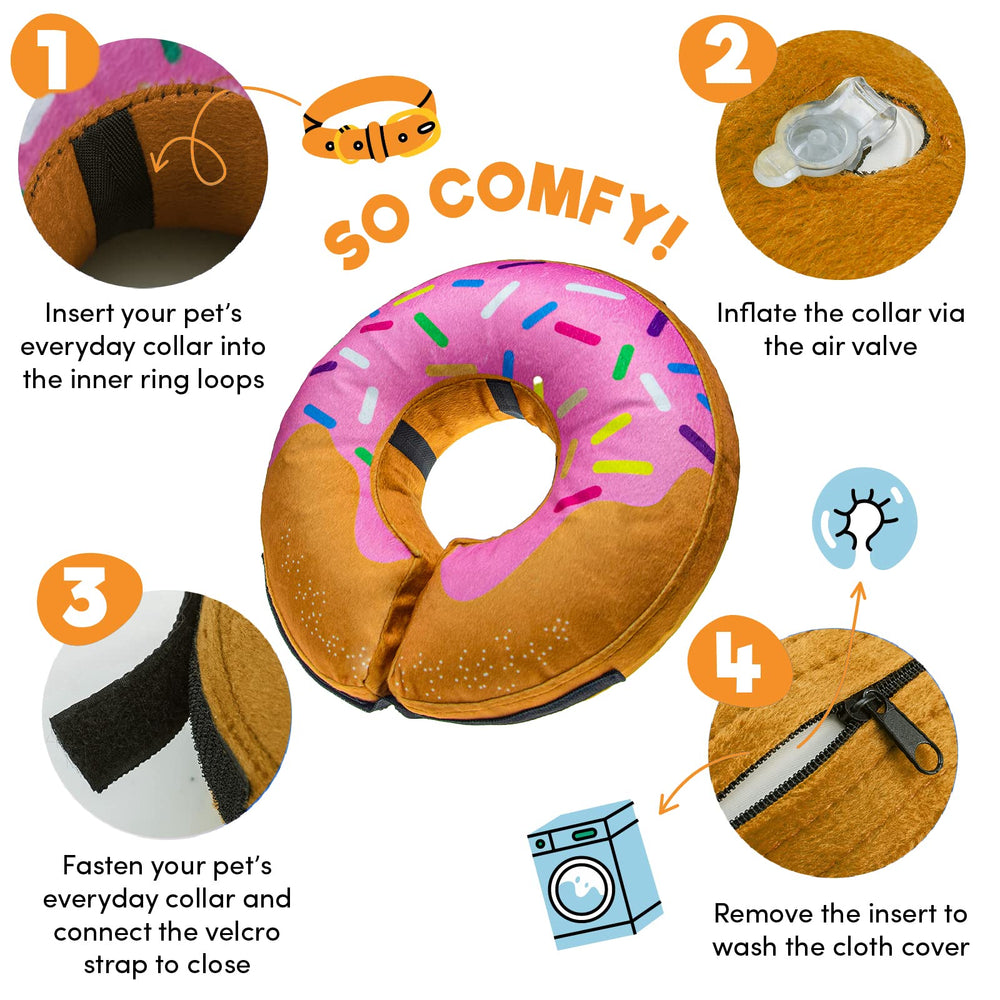 BENCMATE inflatable donut cone outside view highlights soft fabric enabling eating and vision