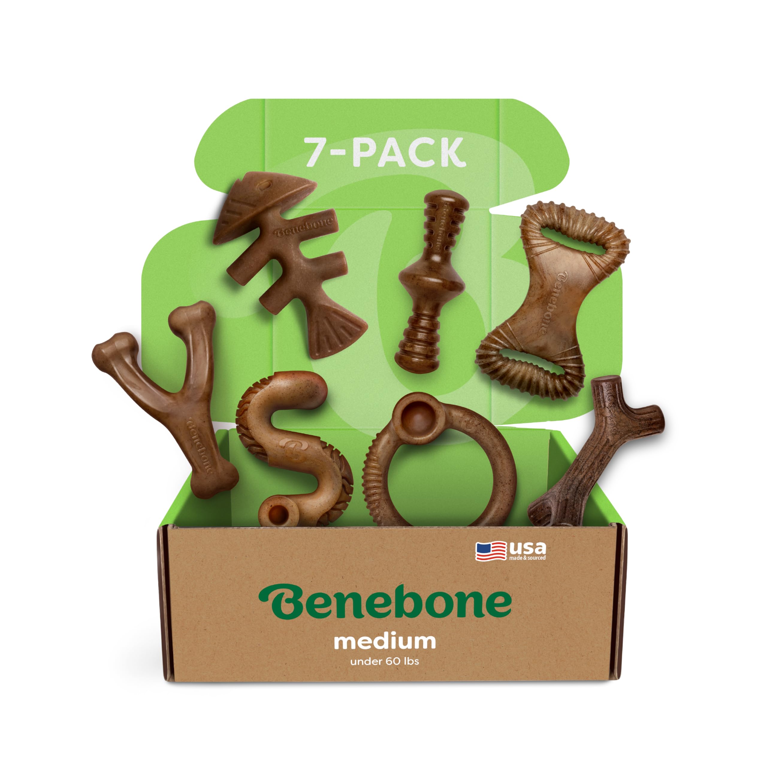 Benebone 7-Pack Medium, packaged for easy storage, durable chew promotes mental enrichment.