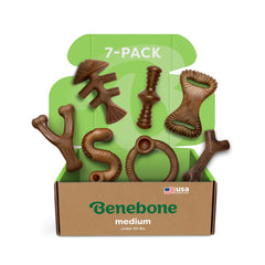 Benebone 7-Pack Medium, packaged for easy storage, durable chew promotes mental enrichment.