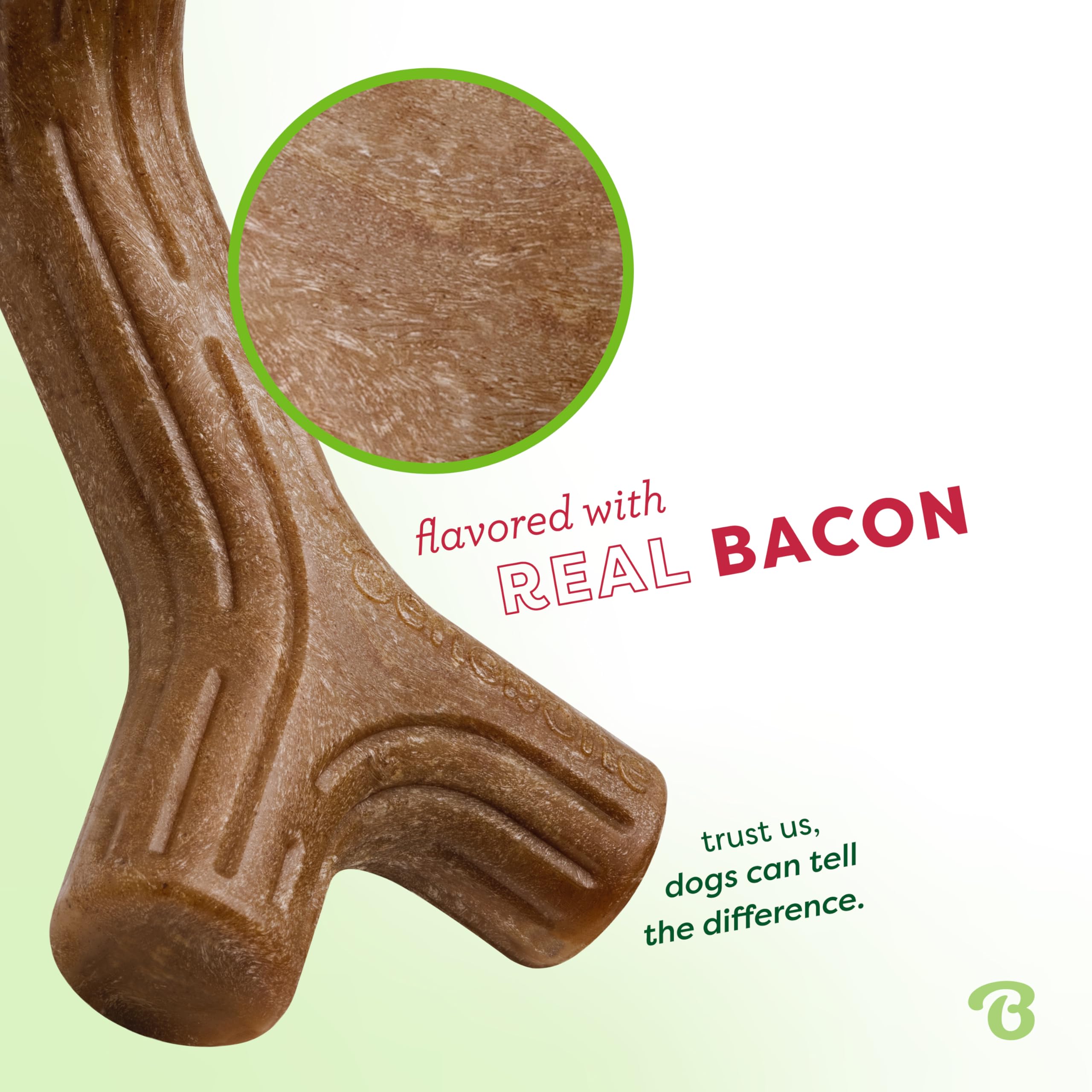 Close-up of real bacon flavor on Benebone Bacon Stick.