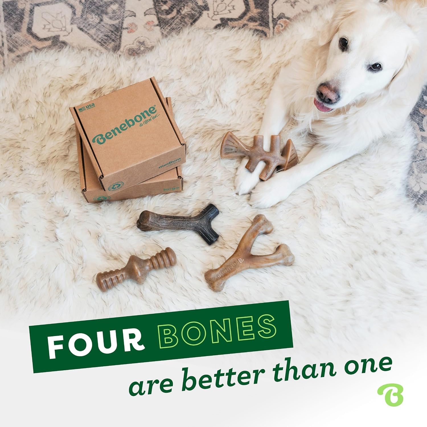Benebone Made in USA badge signals quality manufacturing and reliable durability.