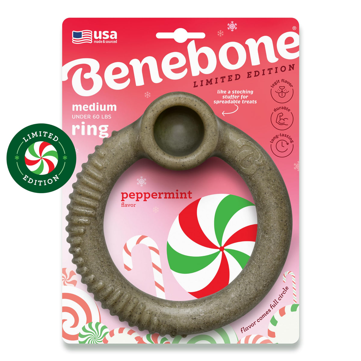 Benebone Peppermint Ring holiday packaging highlights mint appeal