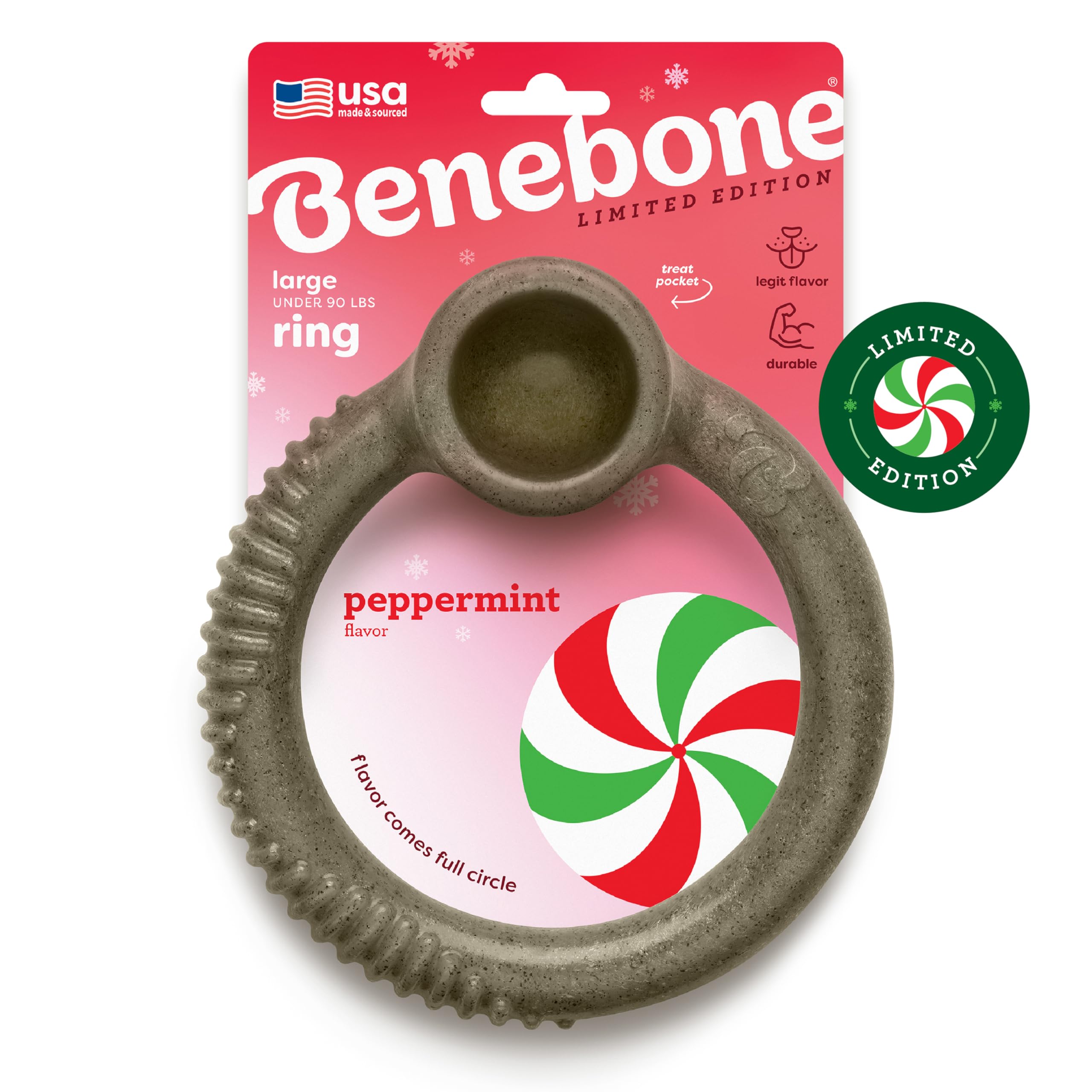 Benebone Peppermint Ring holiday packshot showcases a durable USA-made chew toy for aggressive chewers.