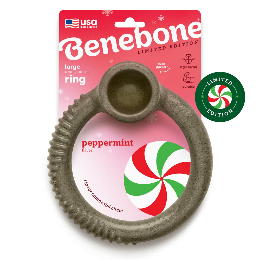 Benebone Peppermint Ring holiday packshot showcases a durable USA-made chew toy for aggressive chewers.