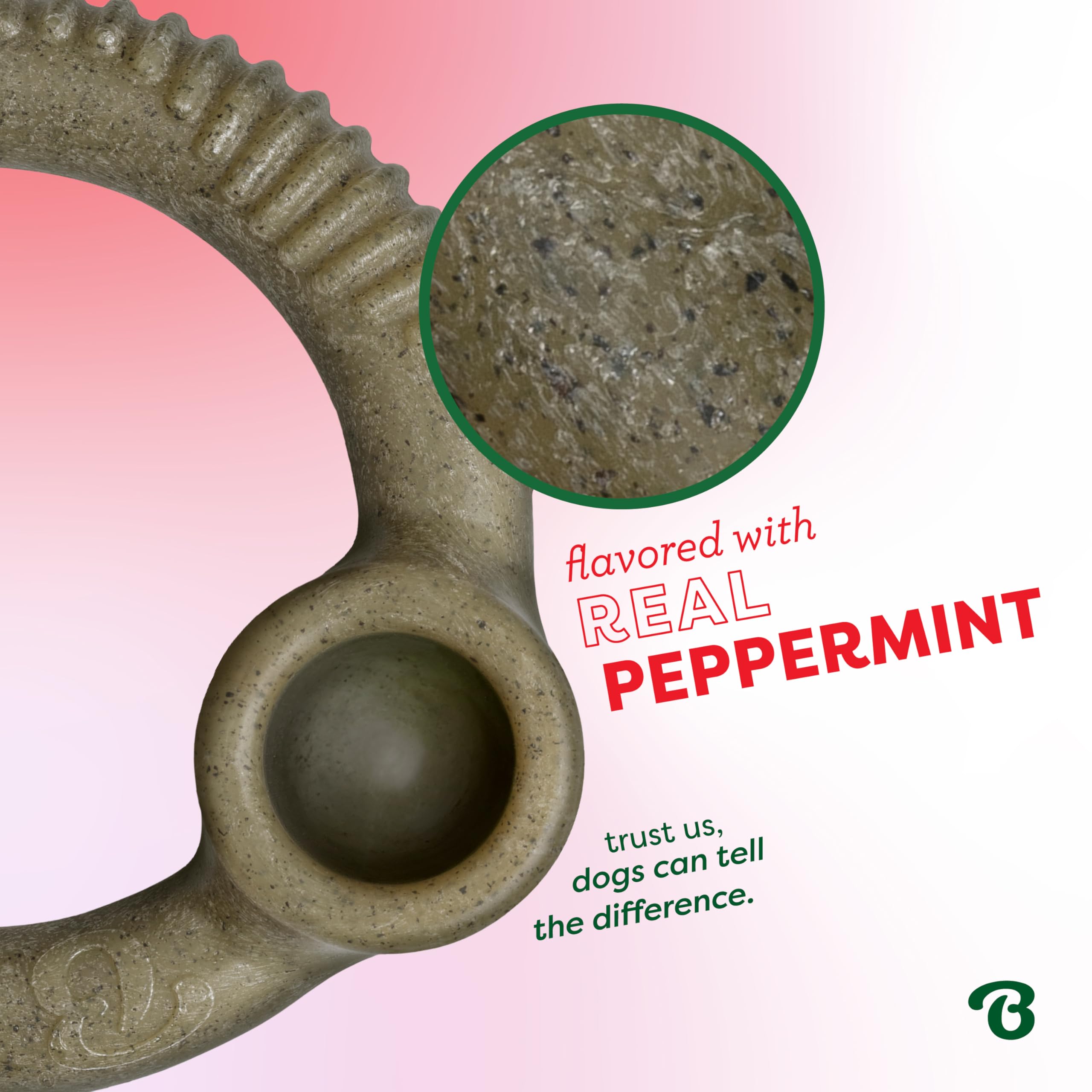 Benebone Peppermint Ring ridges massage gums while scraping plaque during chewing.