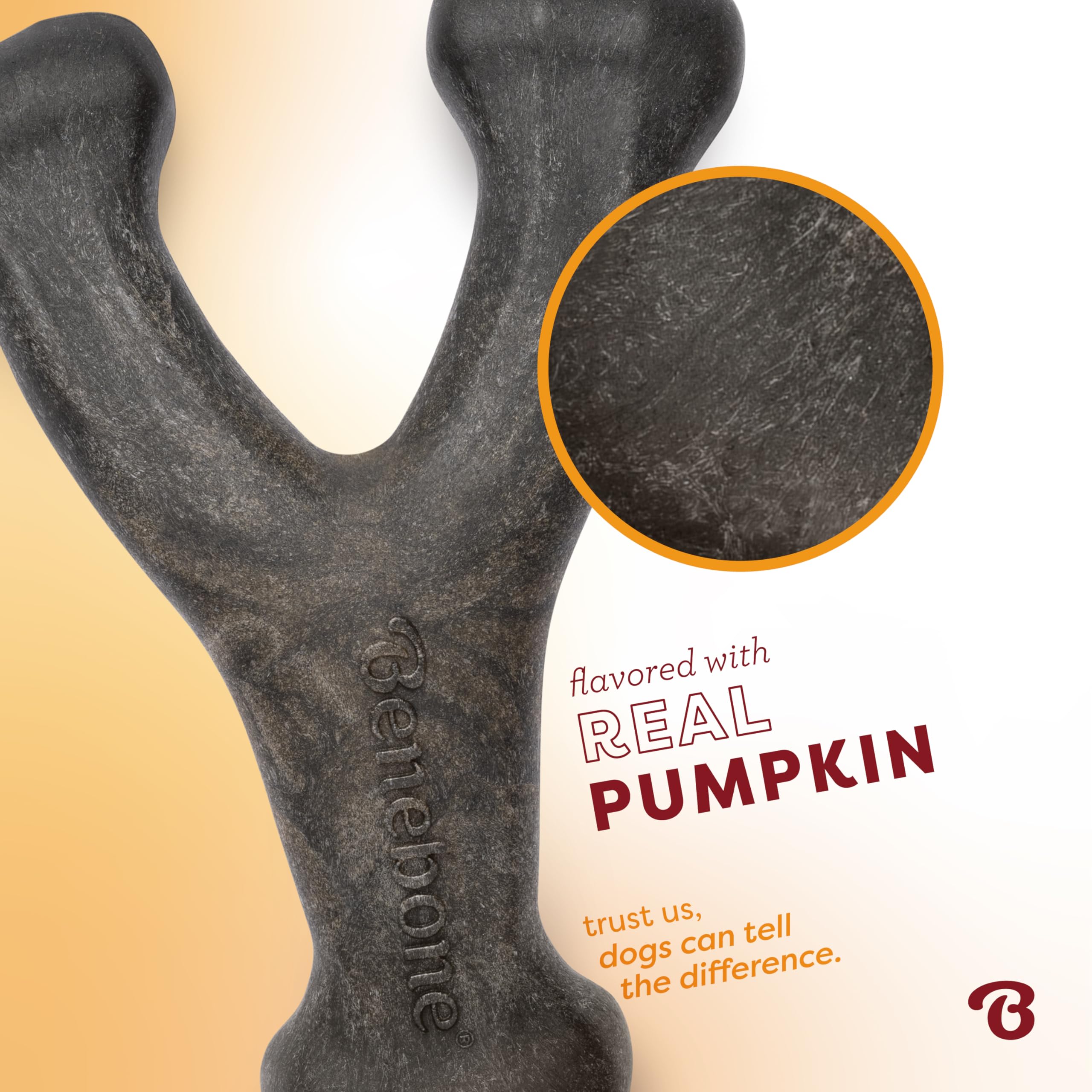 Durable nylon construction Benebone Pumpkin Spice Wishbone made in USA for aggressive chewers.