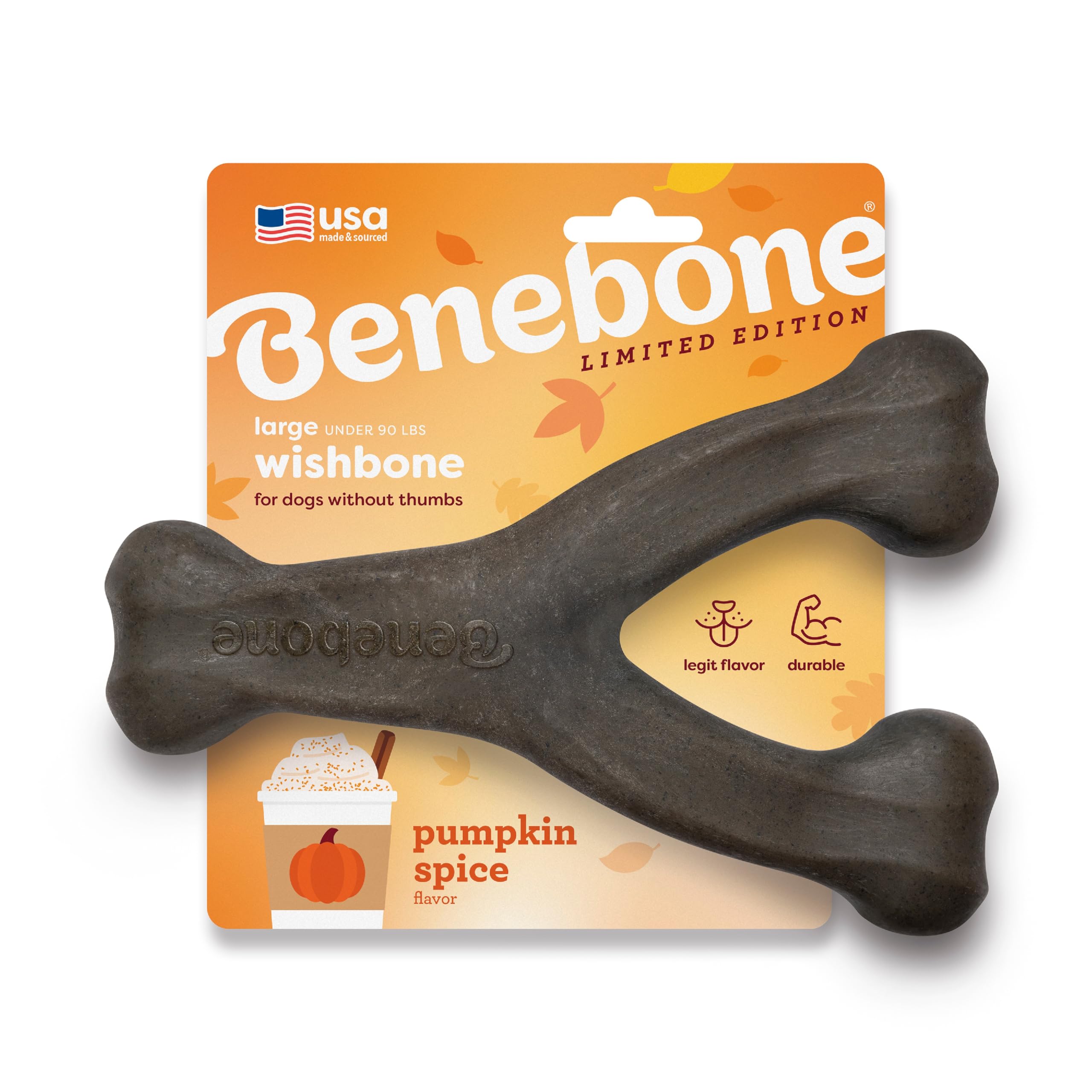 Benebone Pumpkin Spice Wishbone packaging showing limited edition fall flavor for strong chewers.