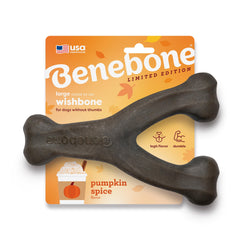 Benebone Pumpkin Spice Wishbone packaging showing limited edition fall flavor for strong chewers.