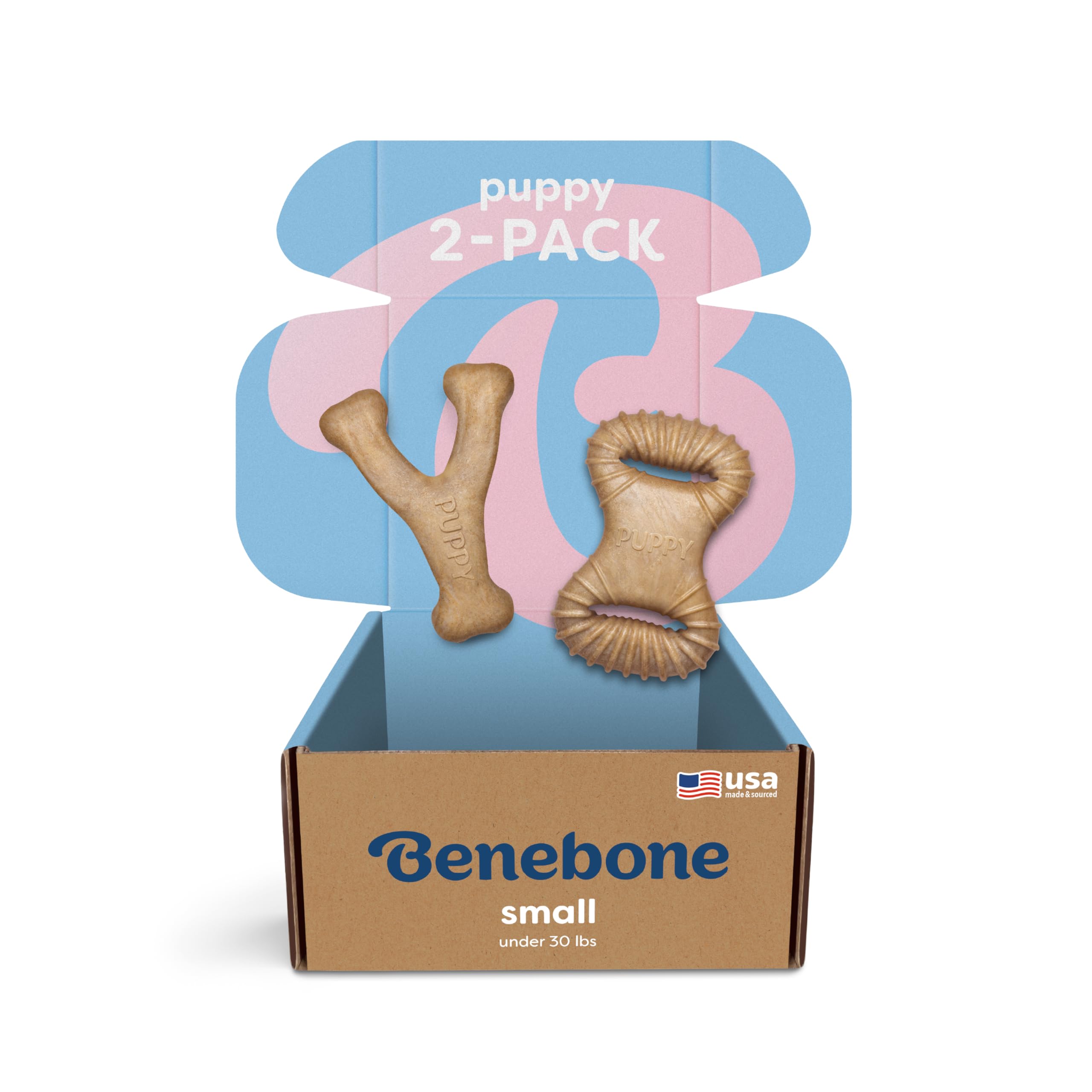 Benebone Puppy 2-Pack dental chew-wishbone small with rugged texture for dogs' mental stimulation.