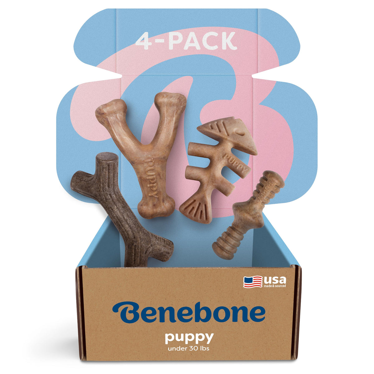 Benebone Puppy 4-Pack pack shot for puppies up to 30 lbs, featuring durable nylon chews.