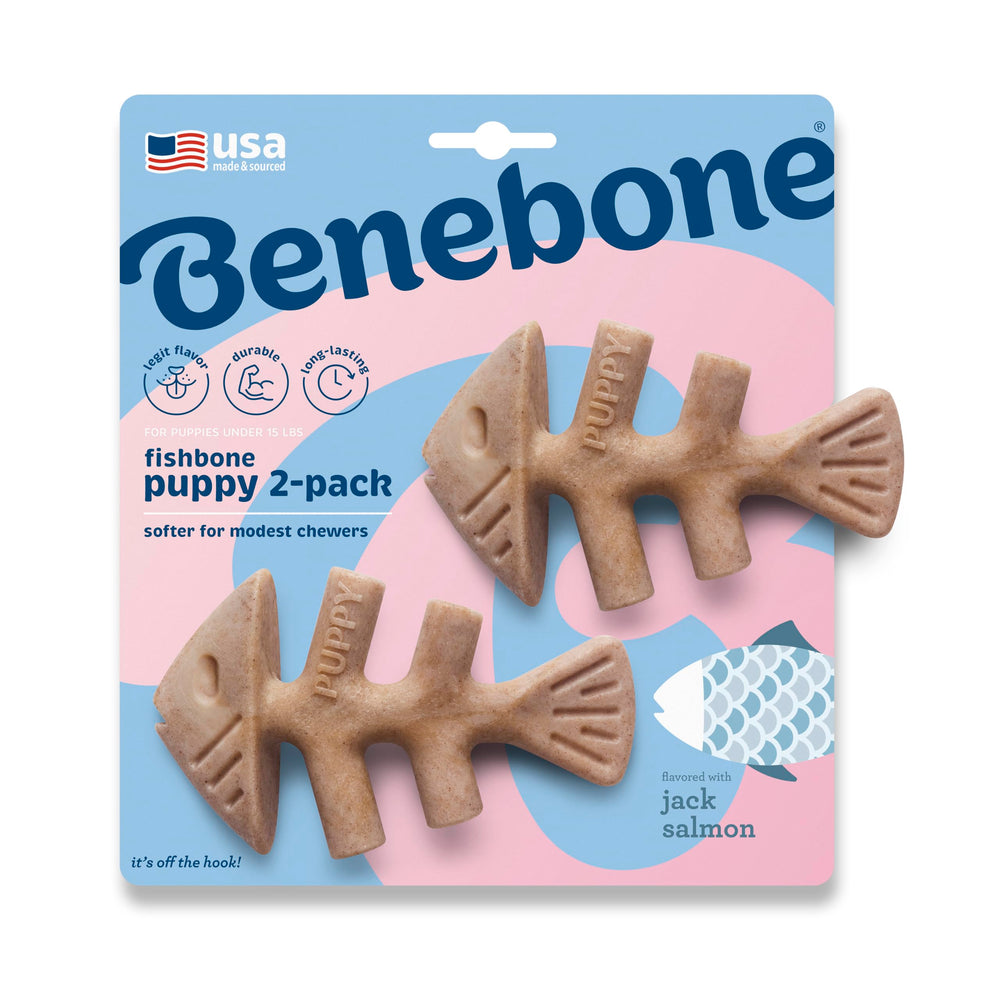 Benebone Puppy Fishbone with curved paw-friendly grip for easy grabbing.