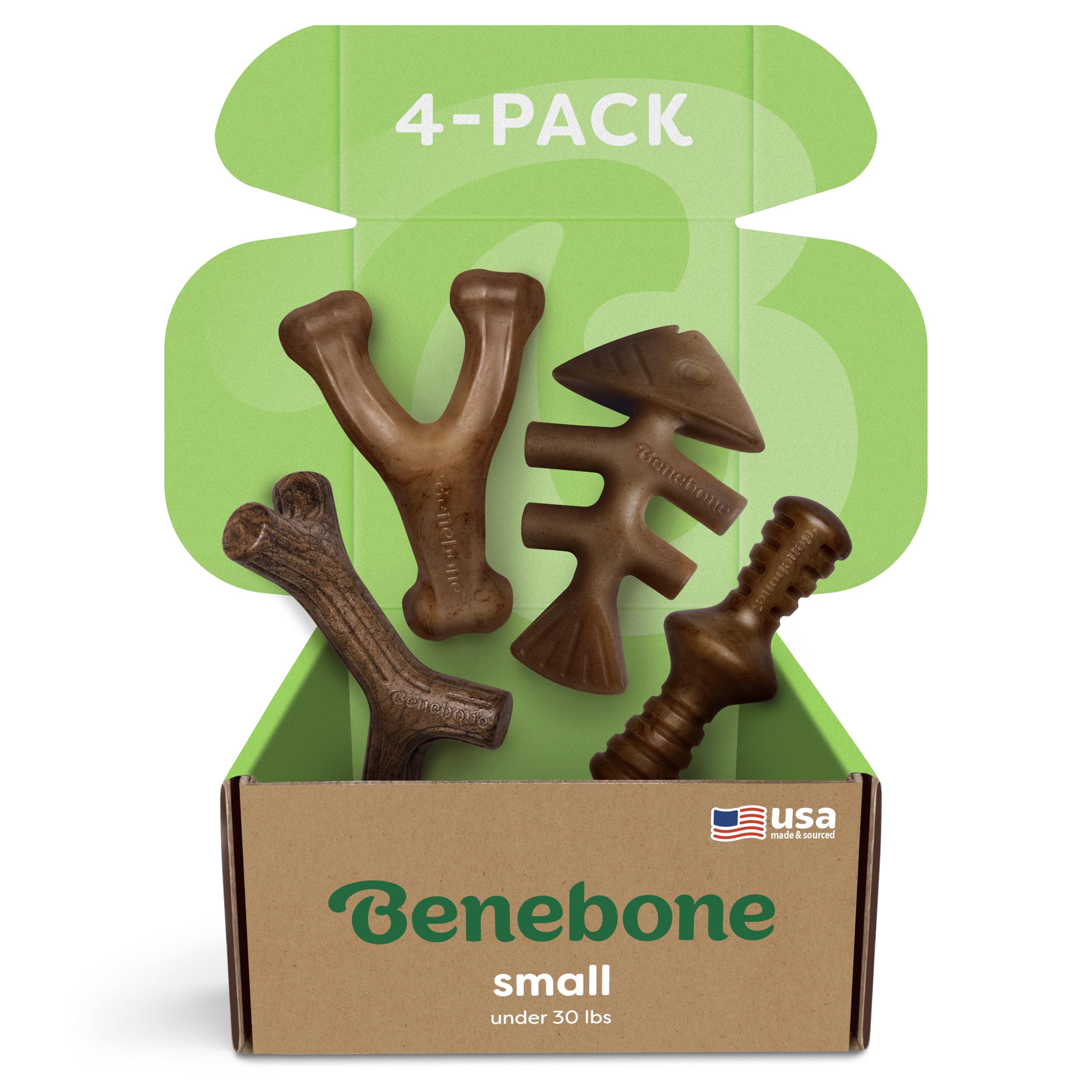 Benebone Small 4-Pack dog toys in box offer durable chewing and variety