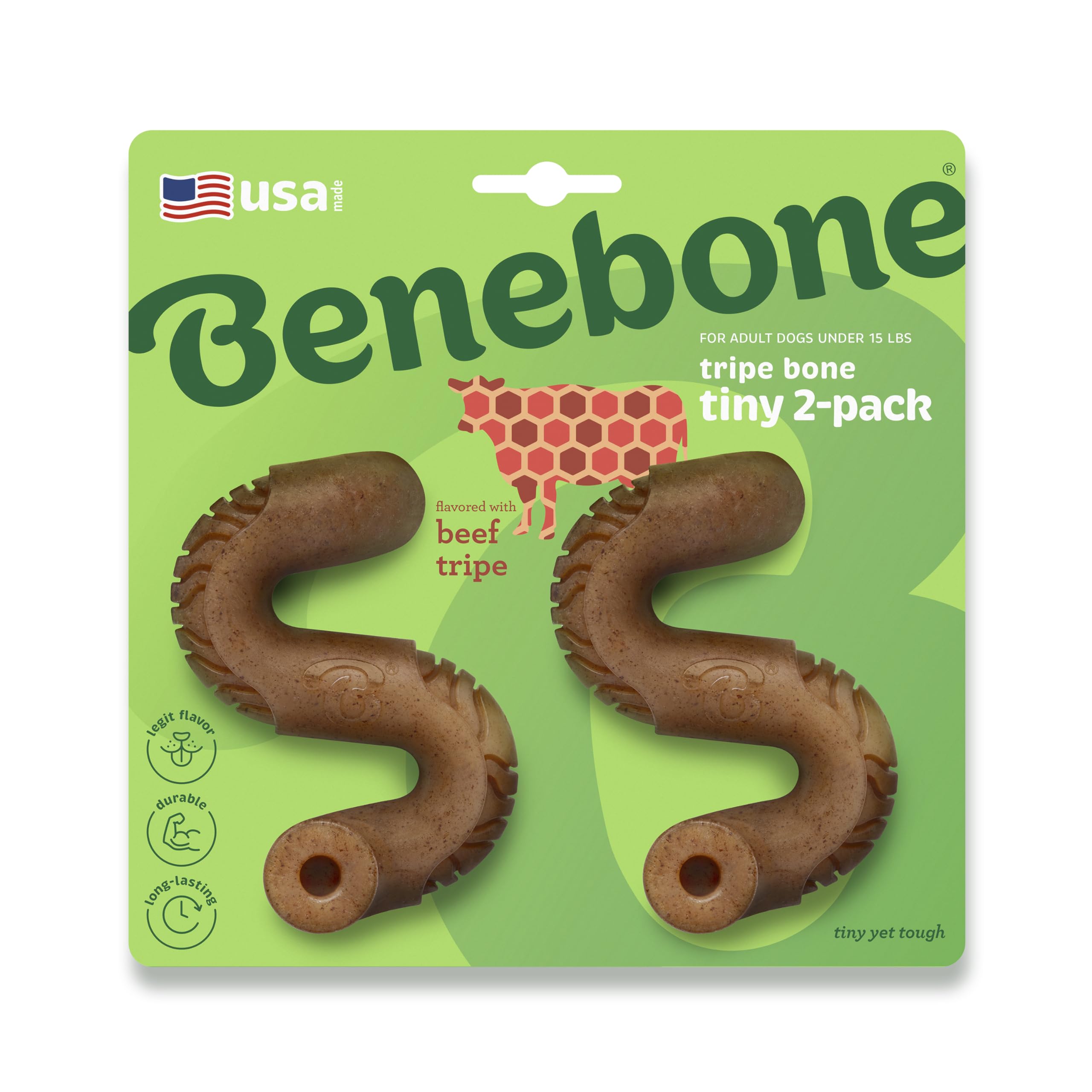 Benebone Tiny Tripe Bone Chew pack—close view, long-lasting chews for tough chewers.