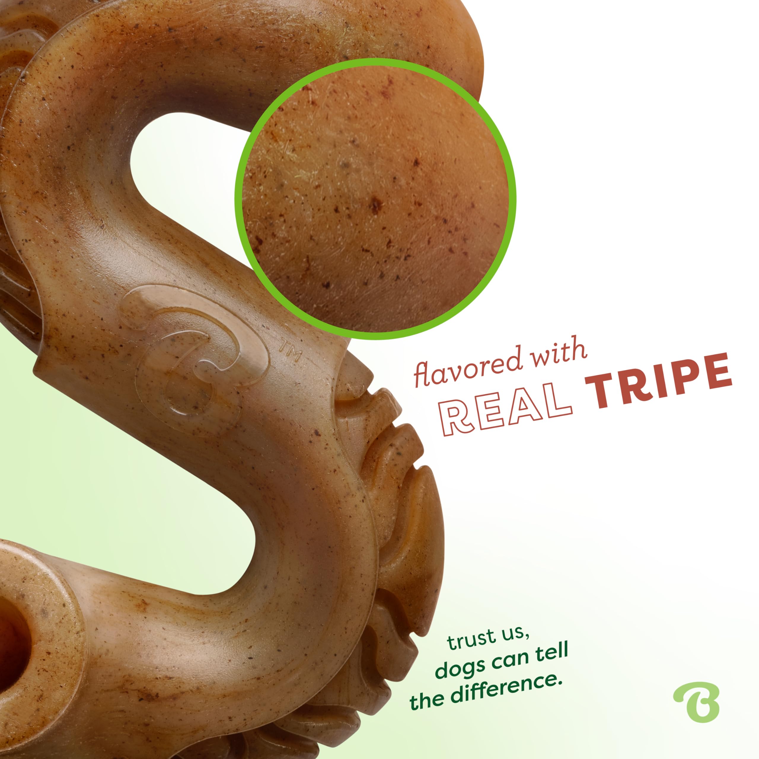 Benebone Tiny Tripe Bone Chew side view highlighting durability for strong chewers.
