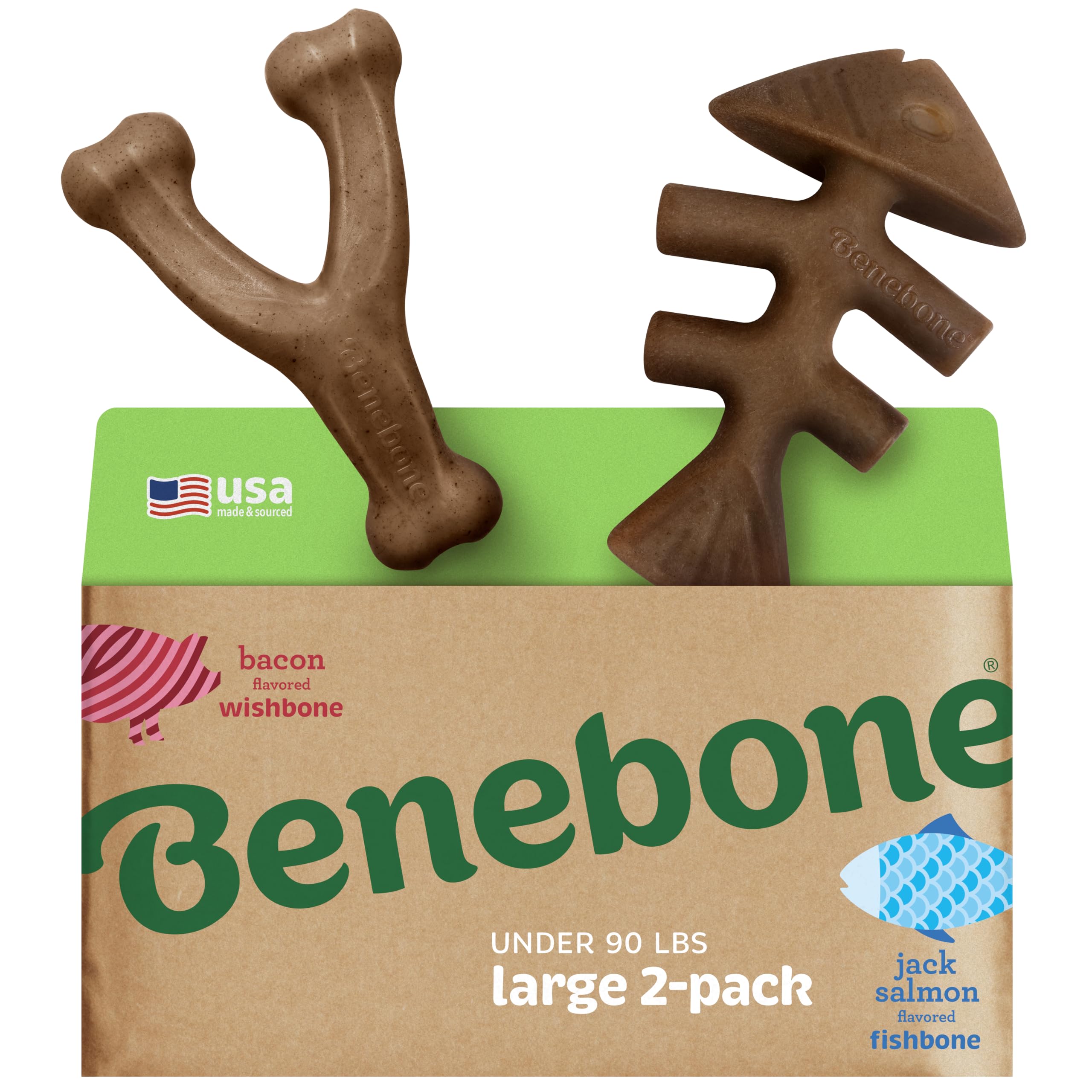 Benebone two-pack Fishbone and Wishbone for durable chewing and mental engagement.