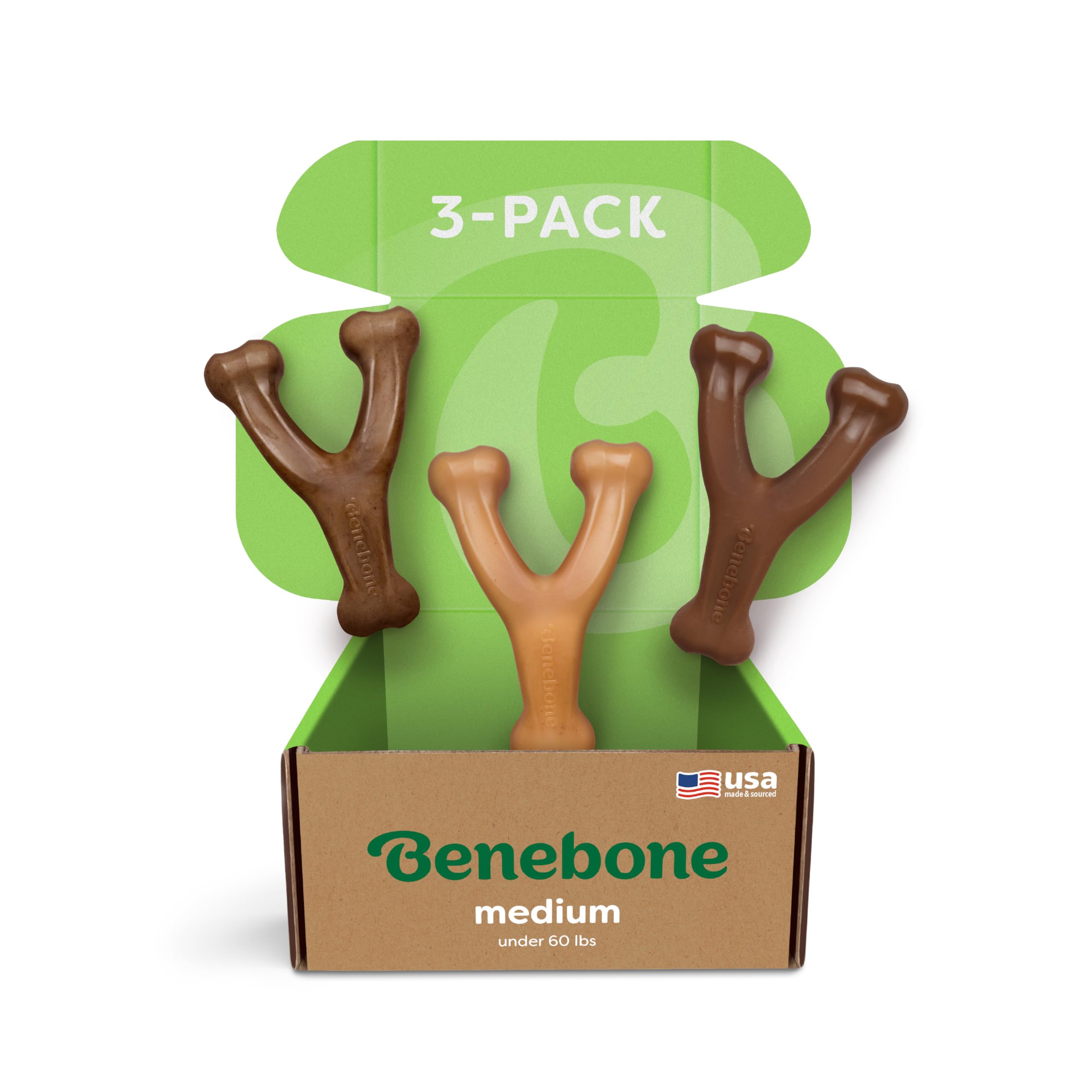 Benebone Wishbone Medium 3-Pack action shot showing durable chew for aggressive chewers.