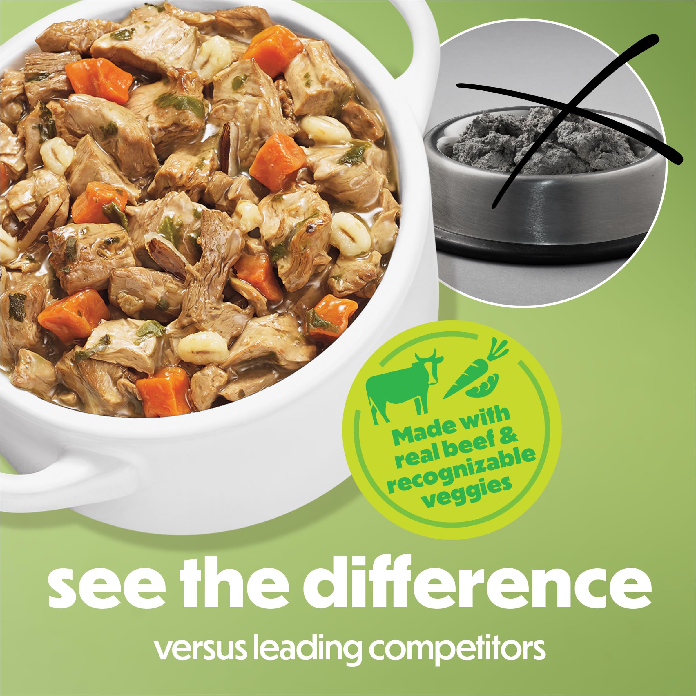 Beef entree chunks in gravy with carrots, spinach, and barley in a Beneful dish