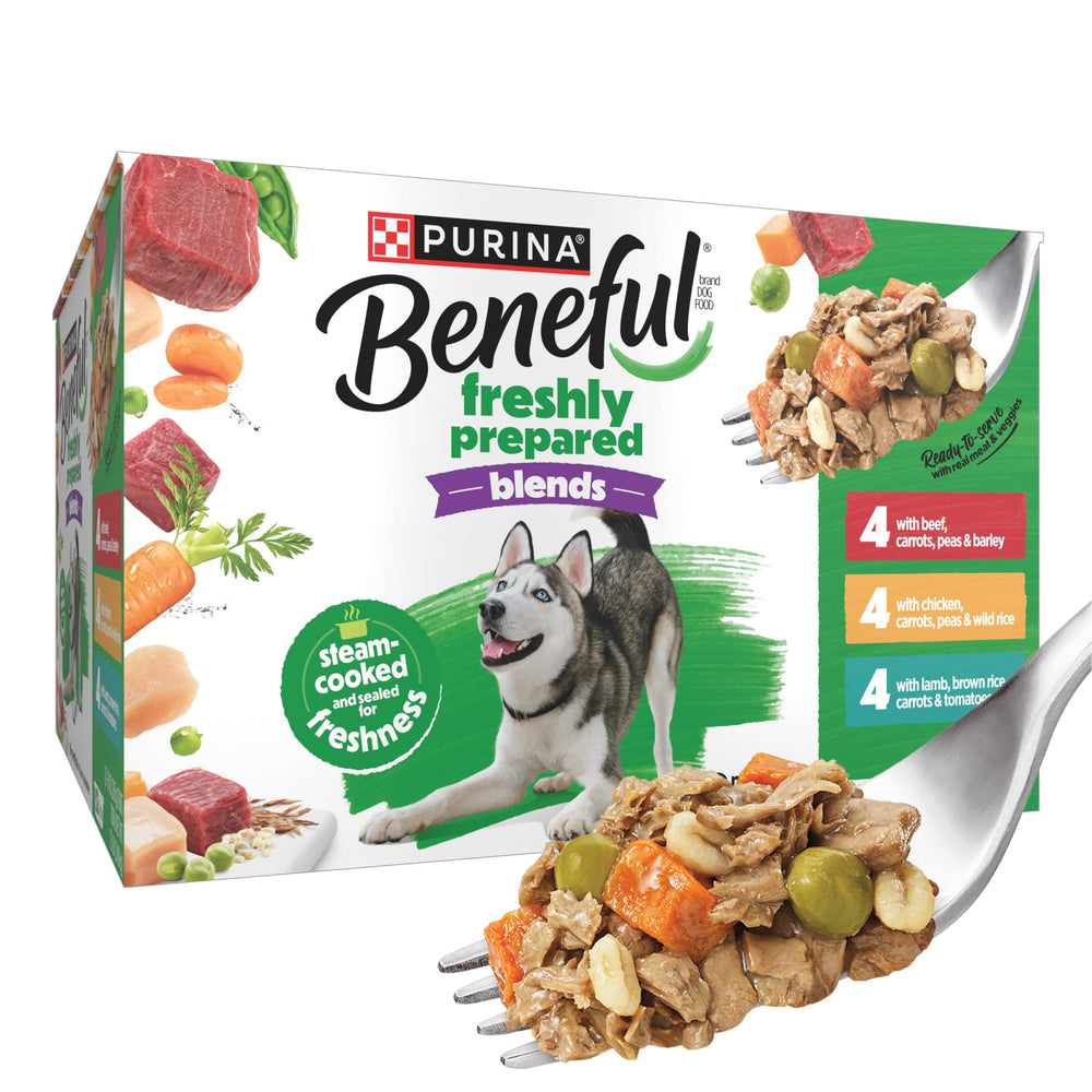 Beneful Freshly Prepared Blends beef 10 oz tub with real beef shreds for a satisfying meal.