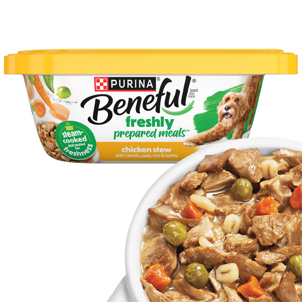 Beneful Freshly Prepared Chicken Stew tub — close-up of real chicken chunks in gravy