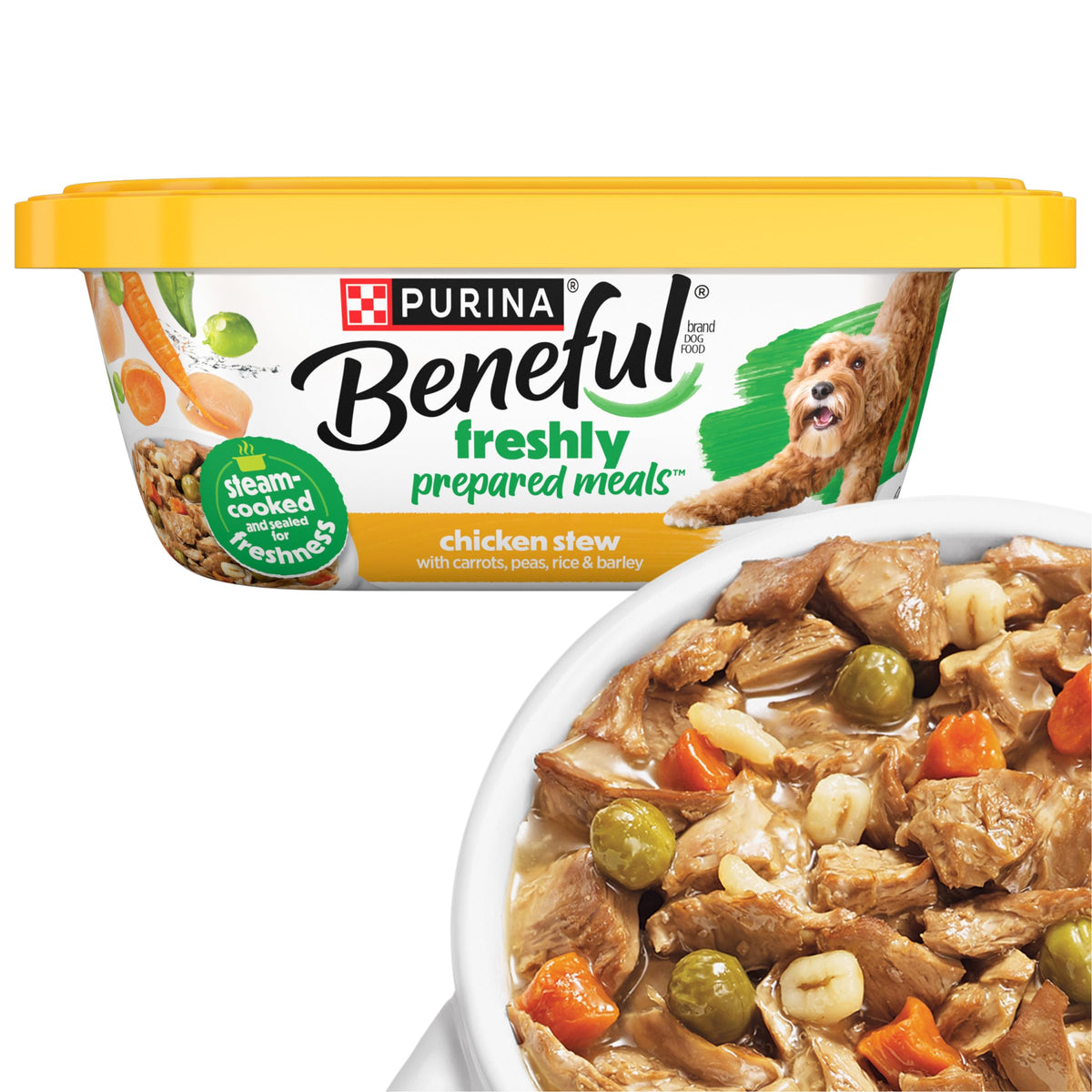 Beneful Freshly Prepared Chicken Stew tub — close-up of real chicken chunks in gravy
