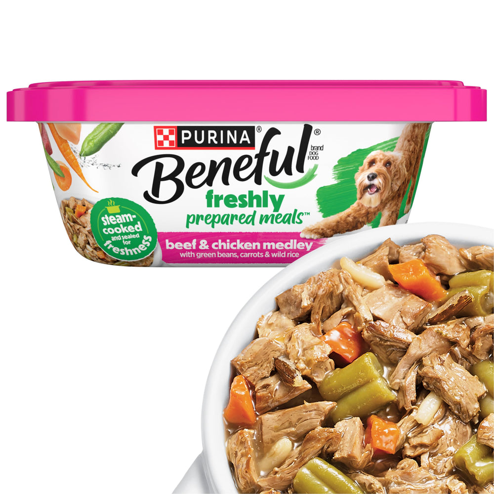Beneful Freshly Prepared Meals beef-chicken medley in gravy tub, a flavorful dinner option.