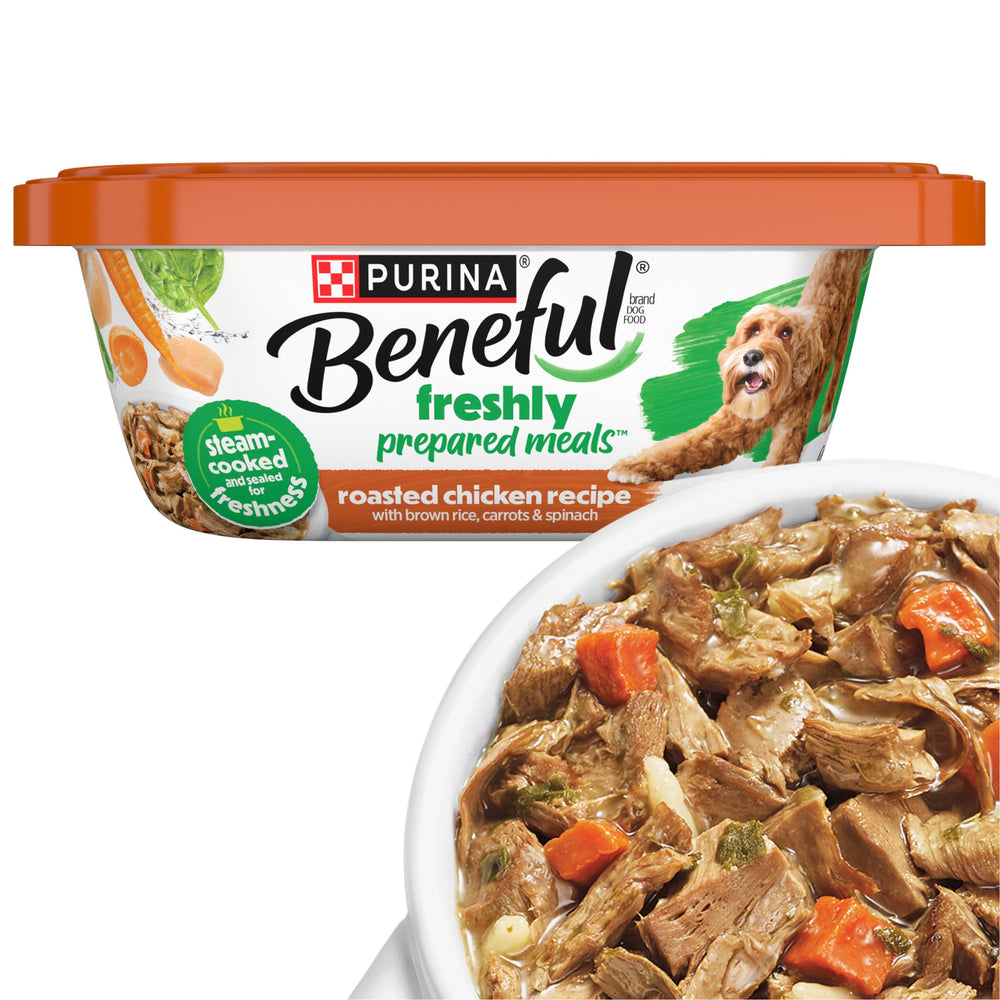 Beneful Freshly Prepared Roasted Chicken packaging highlights real ingredients for dogs.