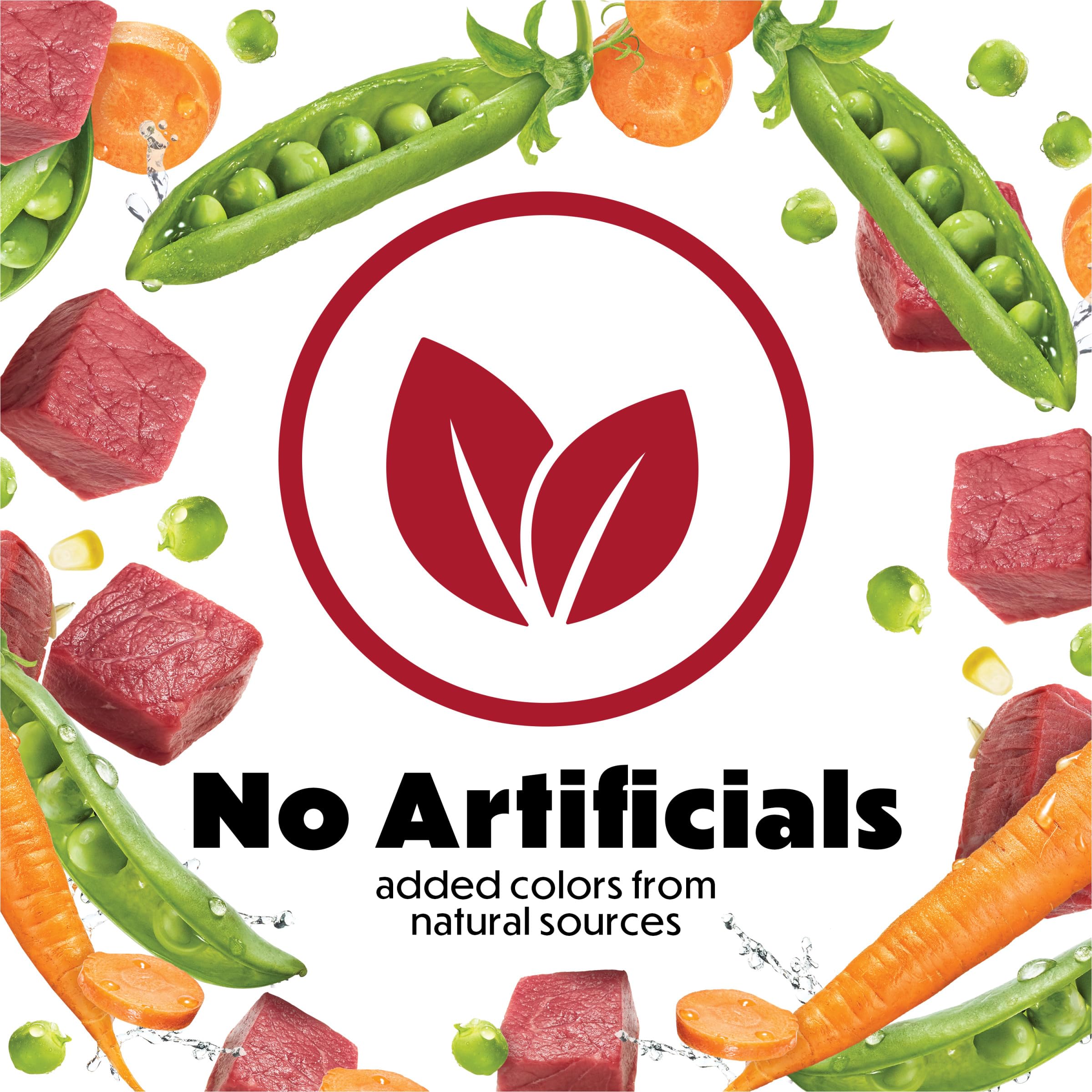 Beneful IncrediBites ingredients panel featuring beef, carrots, and peas.