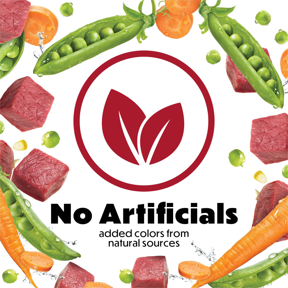 Beneful IncrediBites ingredients panel featuring beef, carrots, and peas.