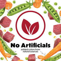 Beneful IncrediBites ingredients panel featuring beef, carrots, and peas.