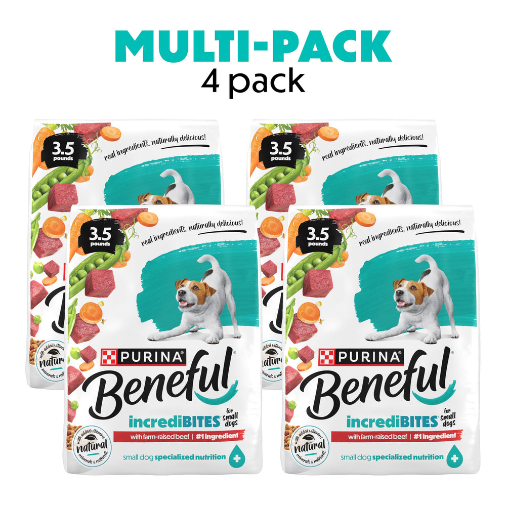 Beneful IncrediBites small dog kibble close-up highlighting high-protein formula.