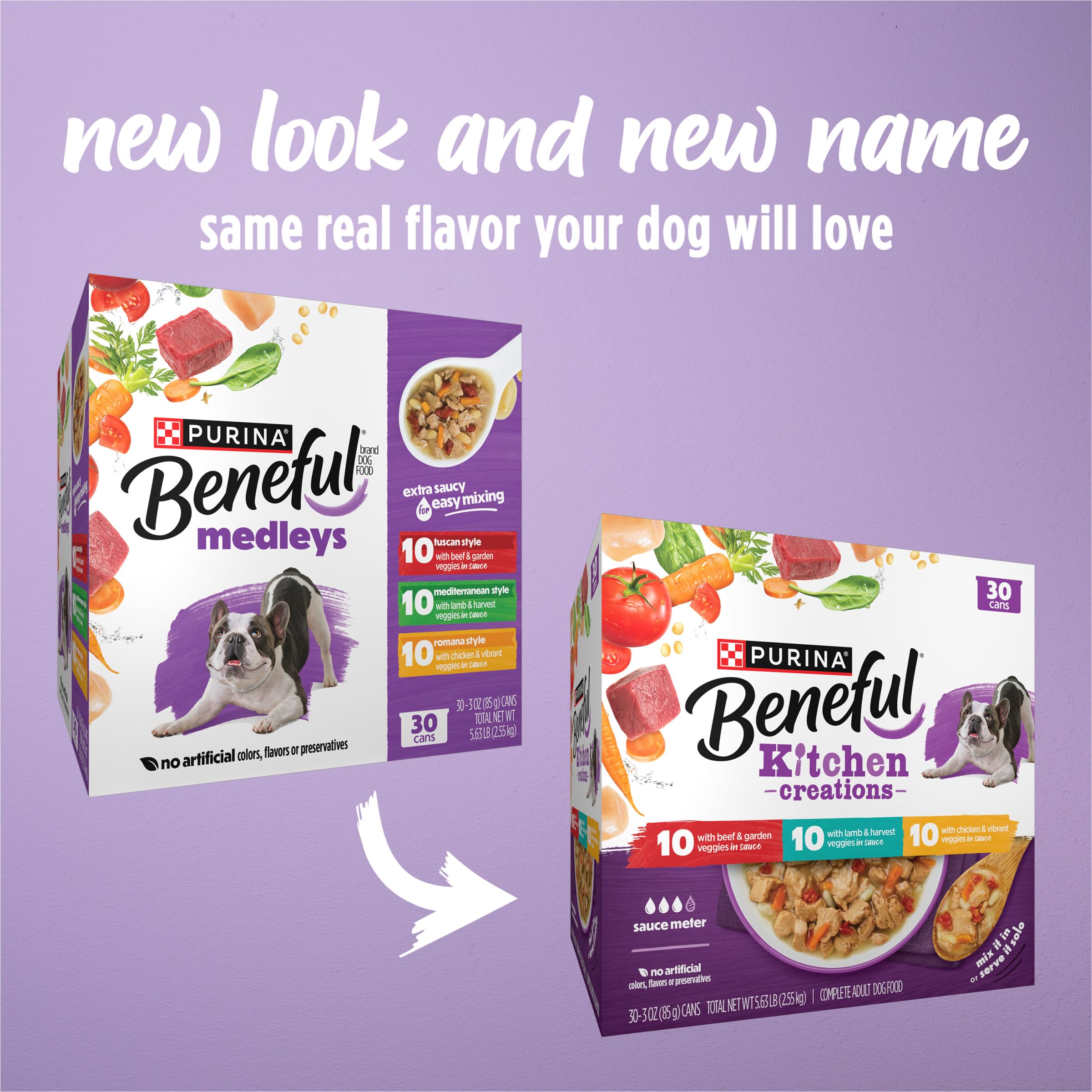 Beneful Kitchen Creations beef in sauce cans highlight hearty flavor and protein.