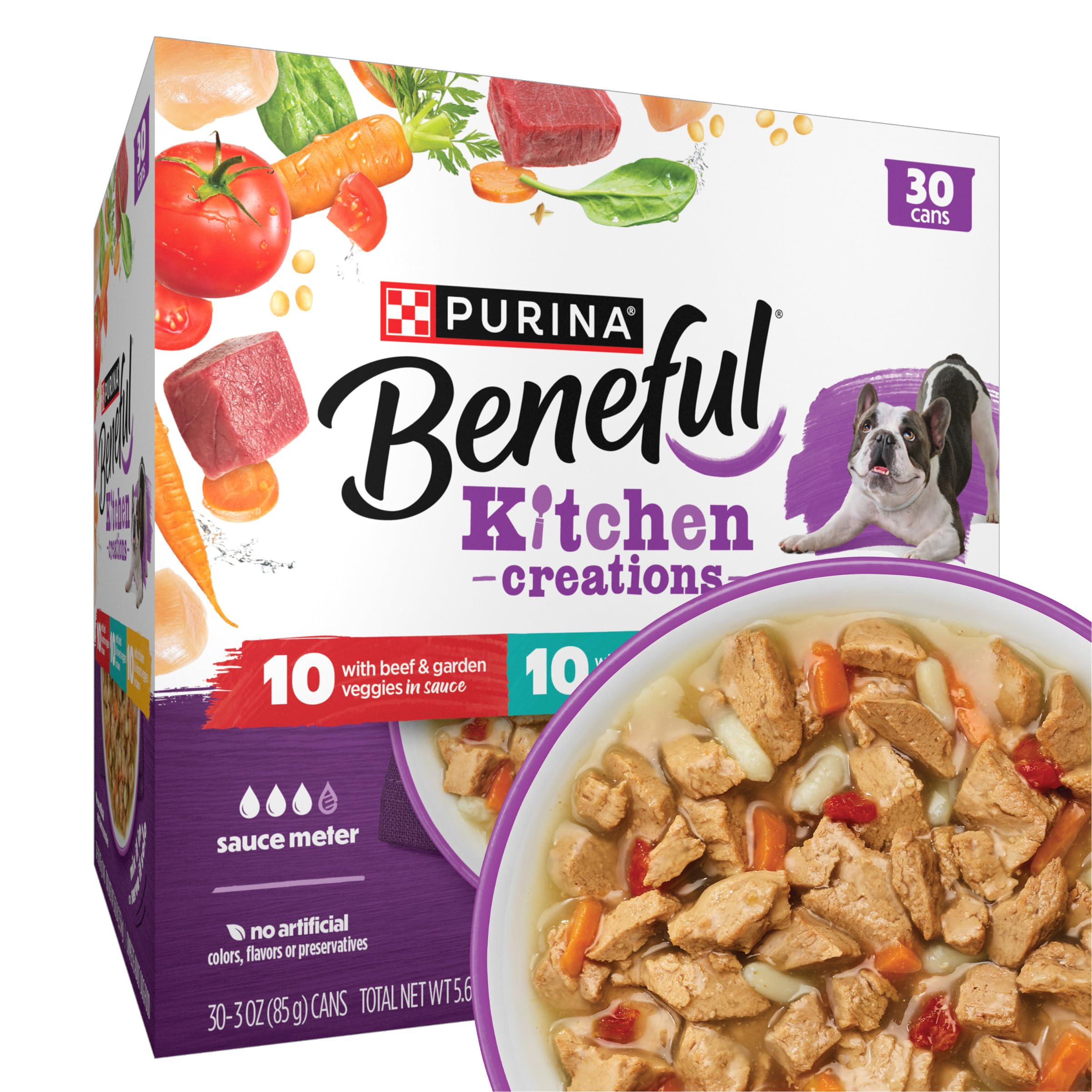 Beneful Kitchen Creations variety pack cans show real meat and vegetables in sauce for adult dogs.