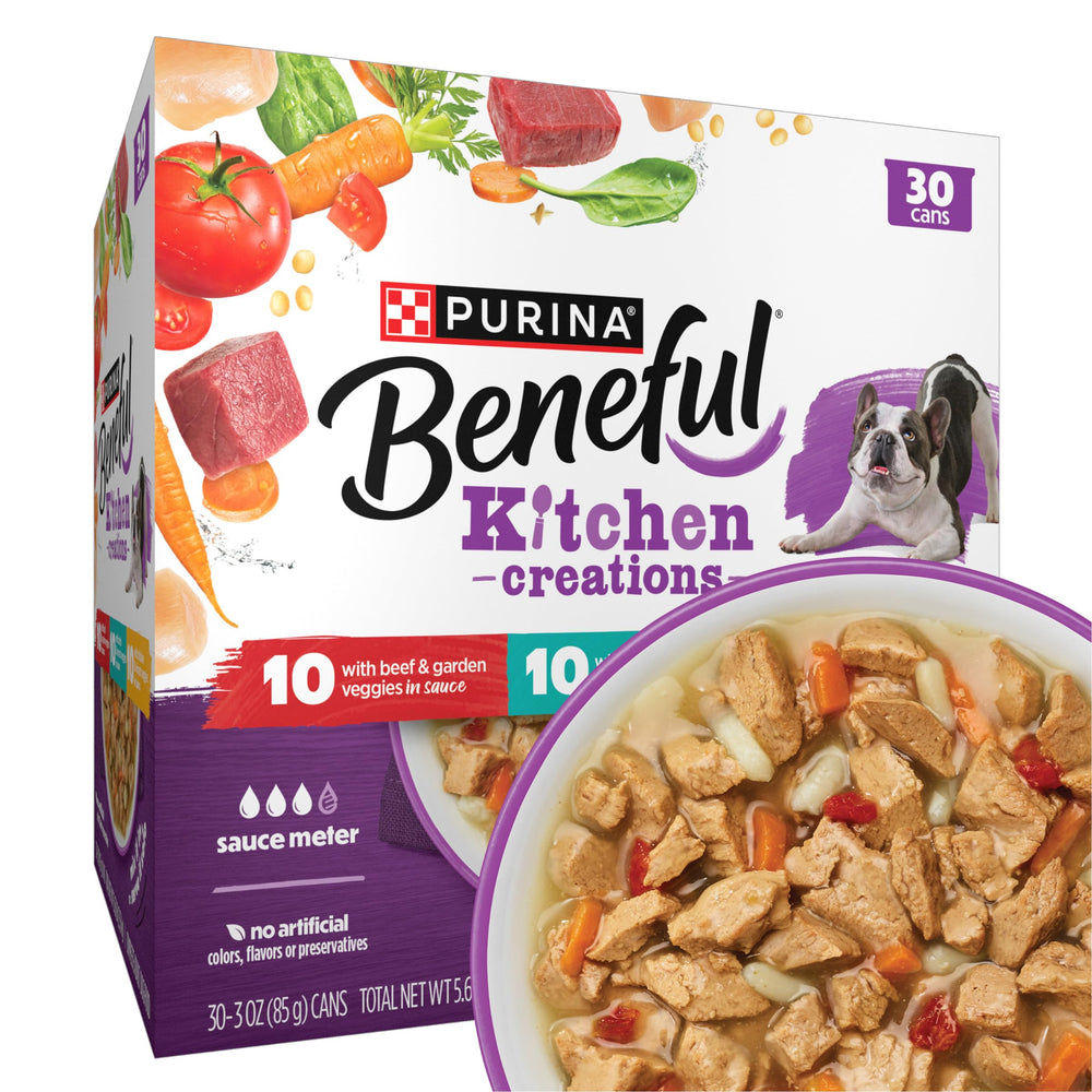 Beneful Kitchen Creations variety pack cans show real meat and vegetables in sauce for adult dogs.
