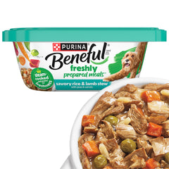 Beneful Lamb Stew tub open, ready to serve real ingredients for your dog.