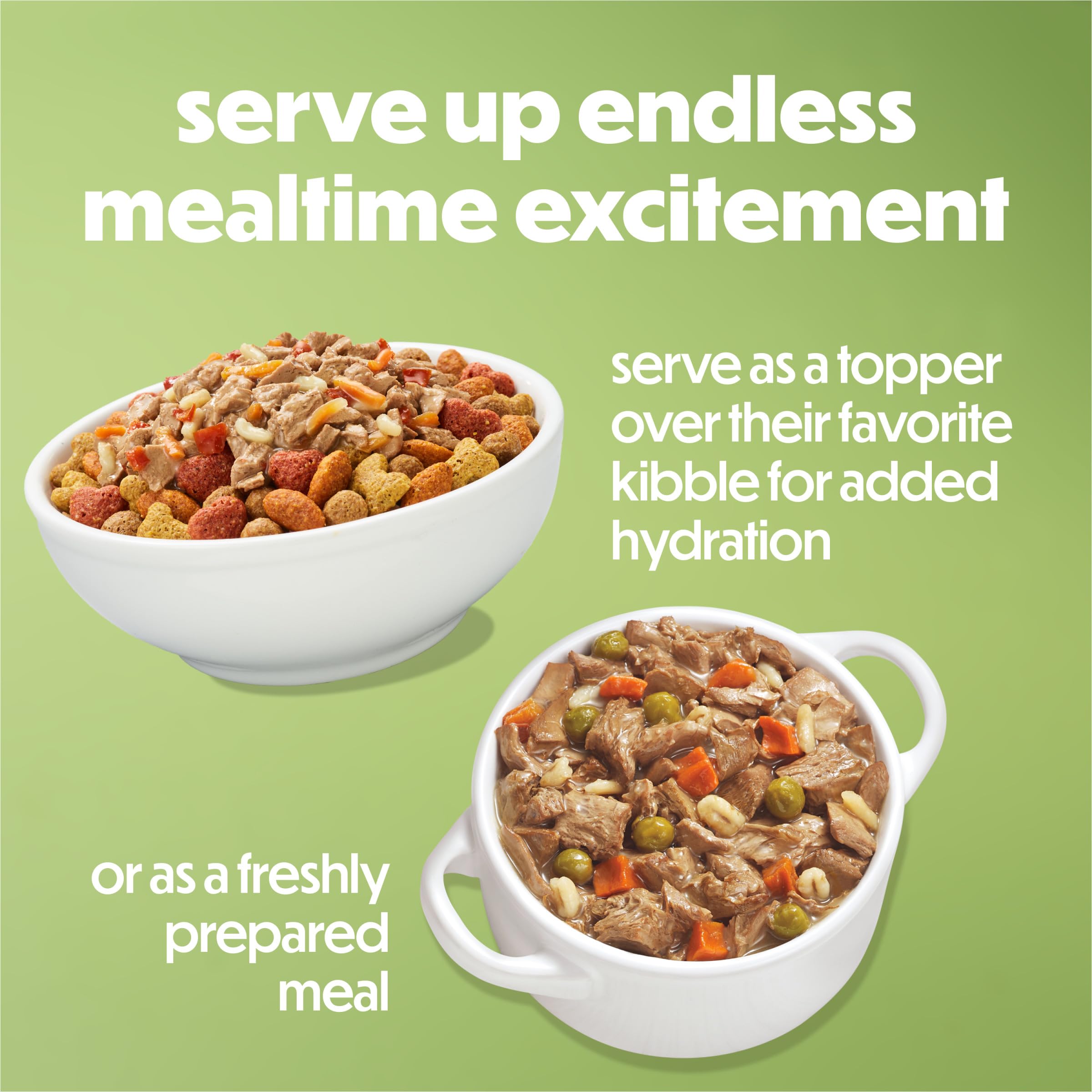 Beneful serving ideas with meal toppers suggest variety over dry food.