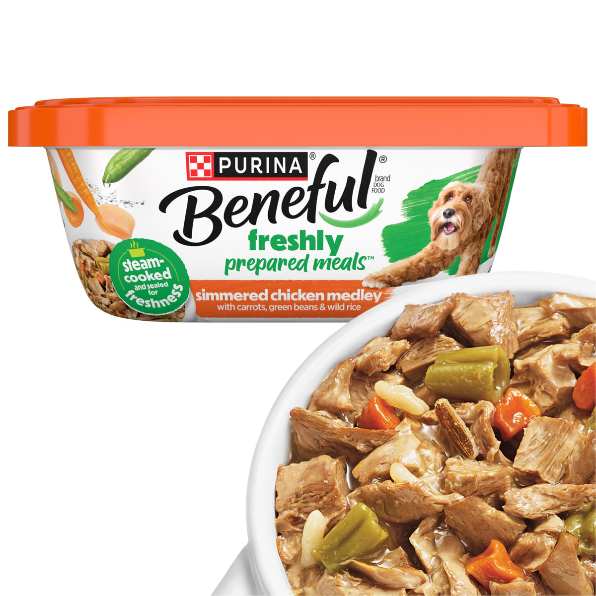 Beneful simmered chicken medley tub shows tender chicken bites for a balanced meal