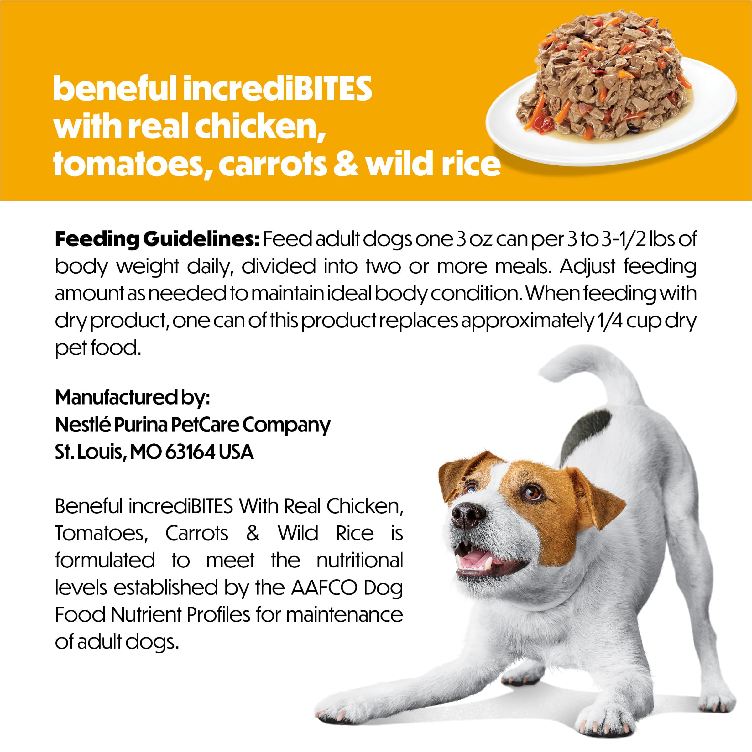 Real chicken and vegetables visible on Beneful small-breed can.